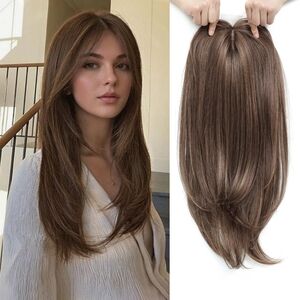 18” Long Layered Hair Topper, Brown with Ash Highlights, Synthetic‎ Volume Piece